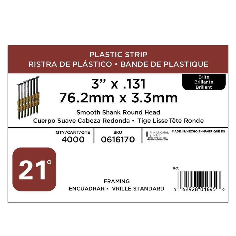 PRO-FIT 3 in. x 0.131-Gauge 21° Bright Finish Smooth Shank Plastic Strip Framing Nails (4000 per Box) - 0616170