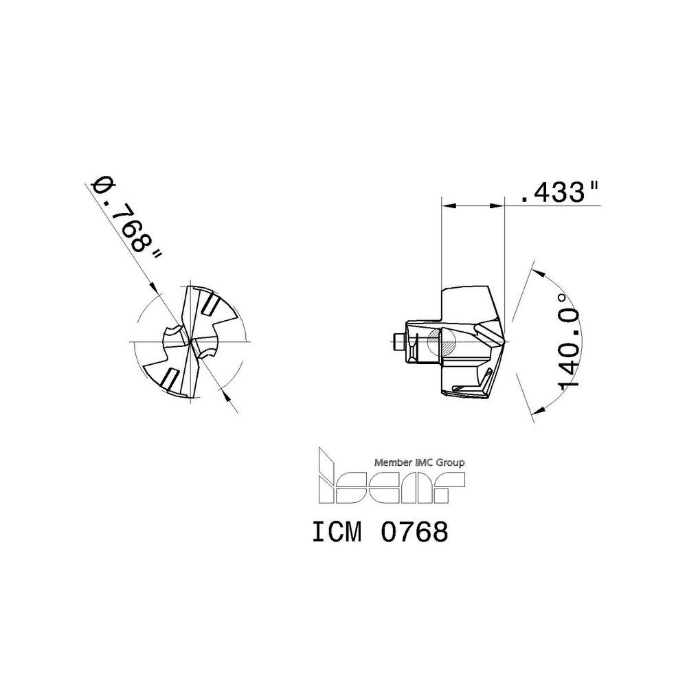 Iscar Replaceable Drill Tips: ICM 0768, 0.7680" Dia, 19.51 mm Dia, 140 deg Point,  IC908 - 5506701