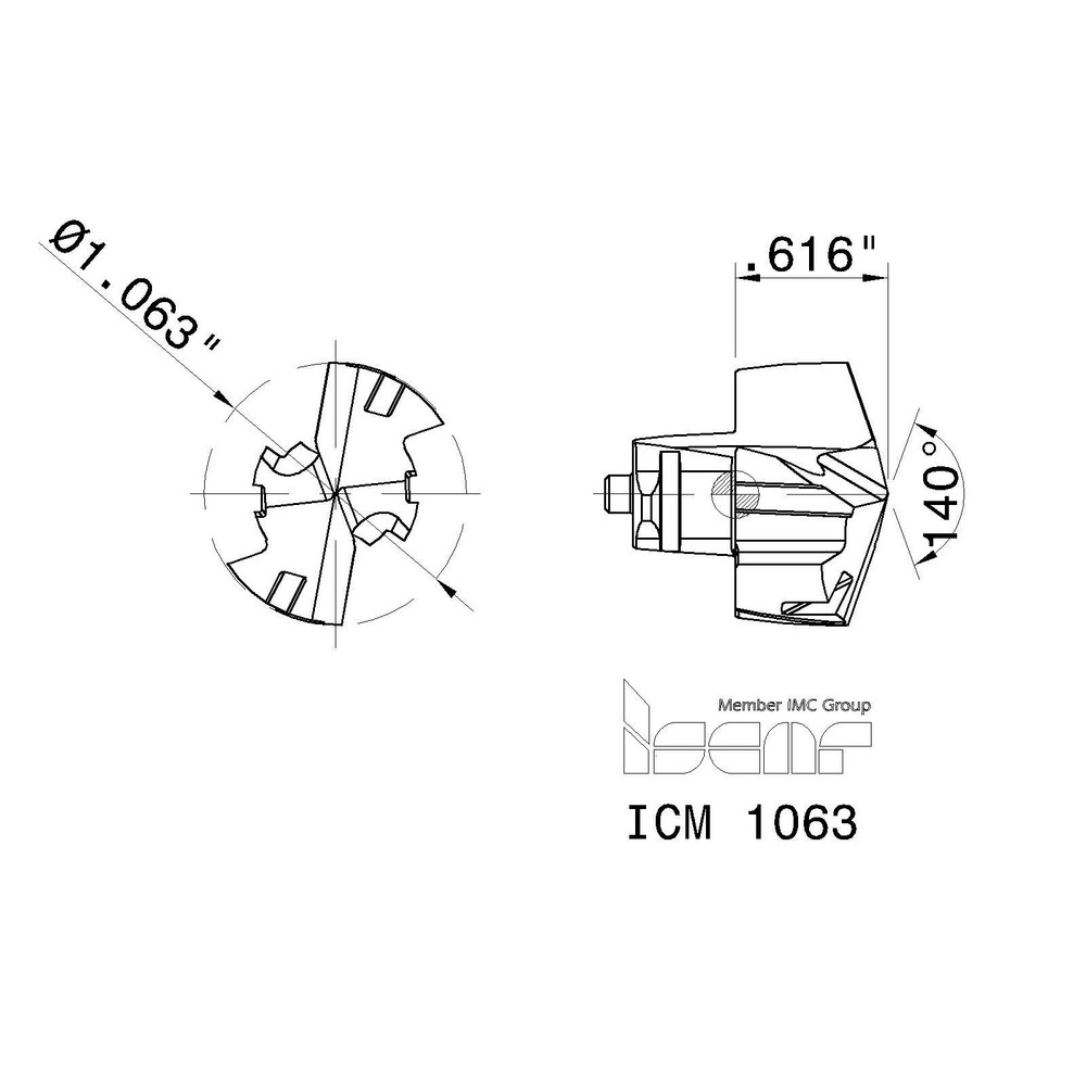 Iscar Replaceable Drill Tips: ICM1063 IC908, 1.0630" Dia, 27.00 mm Dia, 140 deg Point,  IC908 - 5506724