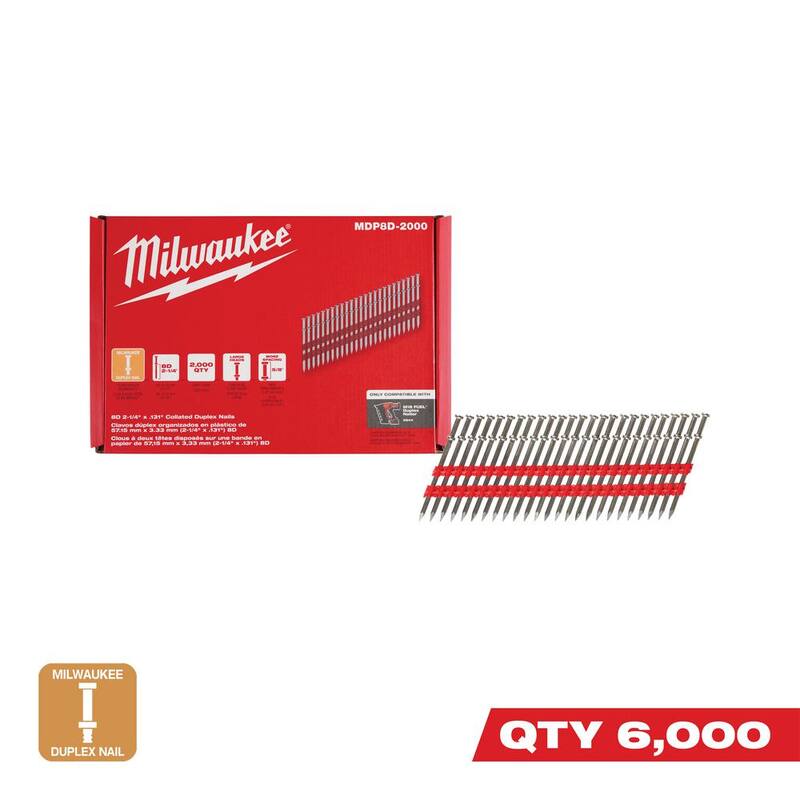 Milwaukee 8D 2-1/4 in. x .131 in. Collated 21-Degree Duplex Nails M18 FUEL Duplex Nailer (6000-Count) - MDP8D-2000-3X