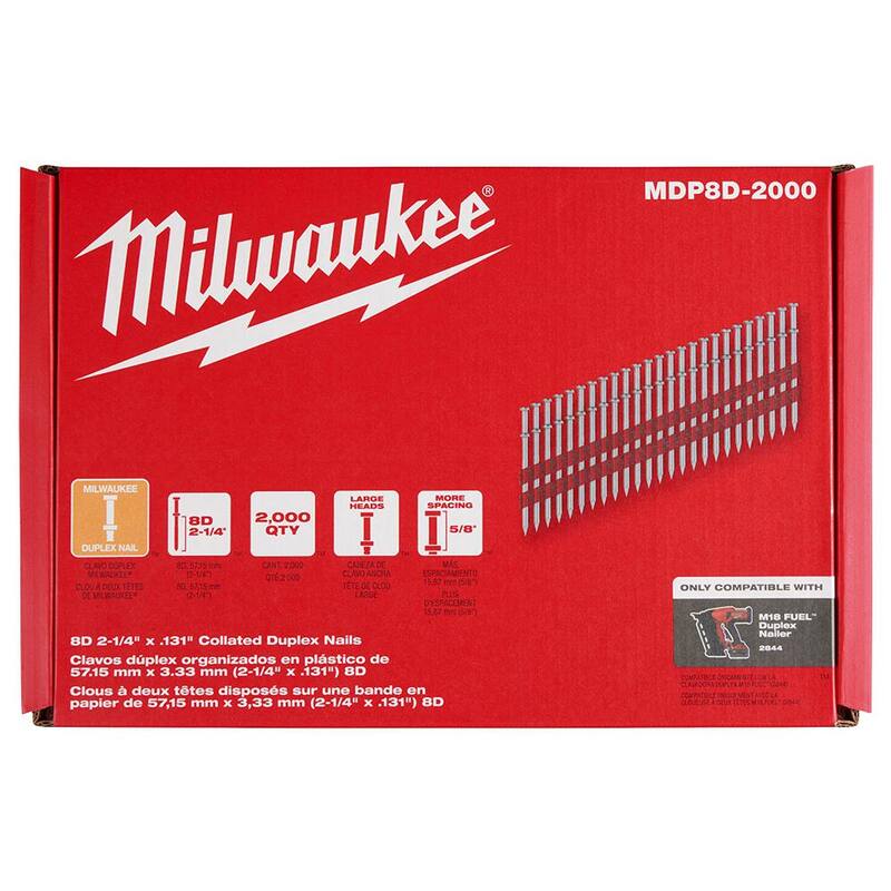 Milwaukee 8D 2-1/4 in. x .131 in. Collated 21-Degree Duplex Nails M18 FUEL Duplex Nailer (6000-Count) - MDP8D-2000-3X