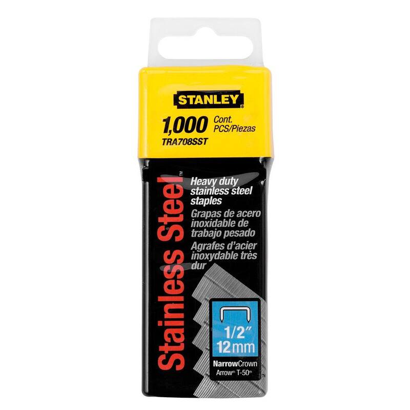 Stanley 1/2 in. Heavy Duty Stainless Steel Narrow Crown Staples (1,000 per Box) - TRA708SST