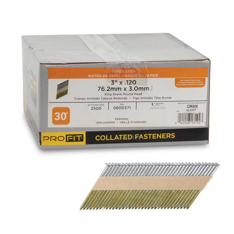 PRO-FIT 3 in. x 0.120 30-Degree Hot Dipped Galvanized Ring Shank Paper Tape Framing Nails (2500 -Per Box) - 0600371