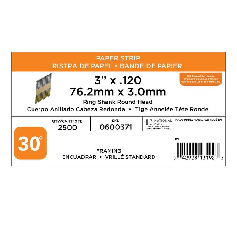 PRO-FIT 3 in. x 0.120 30-Degree Hot Dipped Galvanized Ring Shank Paper Tape Framing Nails (2500 -Per Box) - 0600371