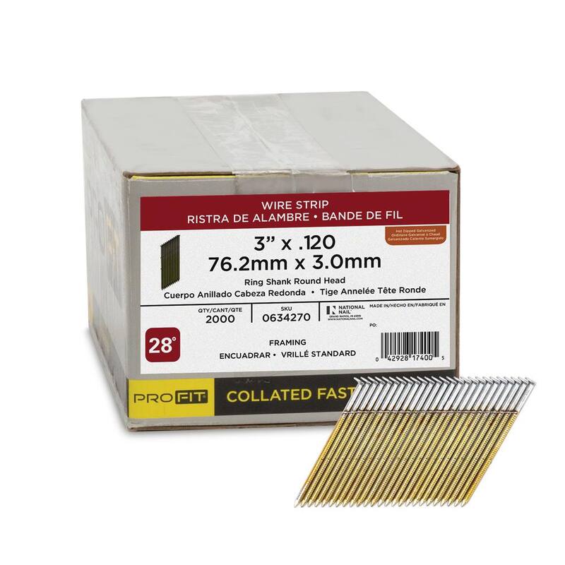 PRO-FIT 3 in. x 0.120 28-Degree Hot Dipped Galvanized Ring Shank Wire Strip Framing Nails (2000 -Per Box) - 0634270