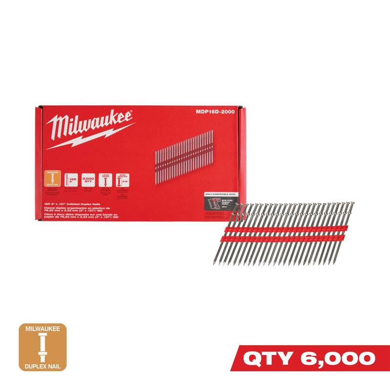 Milwaukee 16D 3 in. x .131 in. Collated 21-Degree Duplex Nails for M18 FUEL Duplex Nailer (6000-Count) - MDP16D-2000-3X