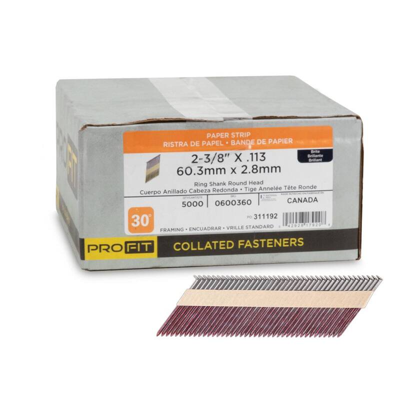 PRO-FIT 2-3/8 in. x 0.113 30-Degree Bright Finish Ring Shank Paper Tape Framing Nails (5000 -Per Box) - 0600360