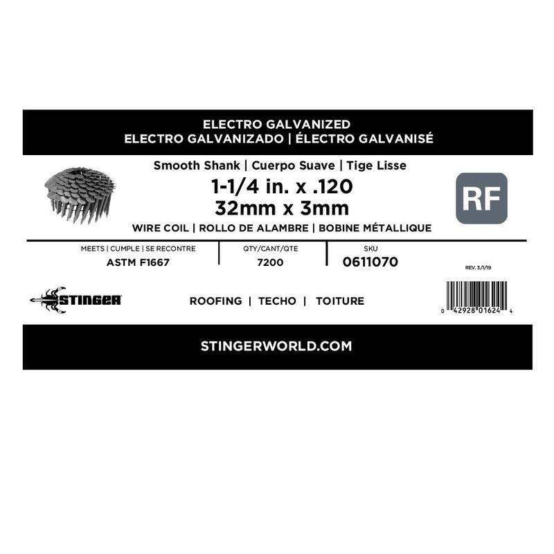 Stinger 1-1/4 in. x 0.120-Gauge Electro Galvanized Smooth Shank Wire Coil Roofing Nails (7200 per Box) - 0611070