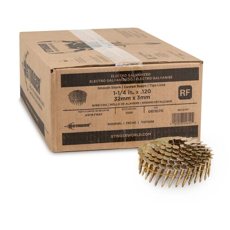 Stinger 1-1/4 in. x 0.120-Gauge Electro Galvanized Smooth Shank Wire Coil Roofing Nails (7200 per Box) - 0611070