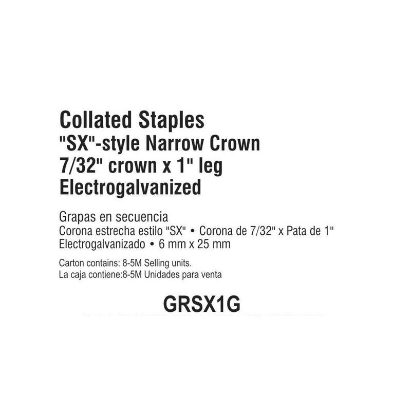 Grip-Rite 1 in. x 18-Gauge Adhesive Collated Electrogalvanized SX-Style Narrow Crown Staples 5000 per Box - GRSX1G