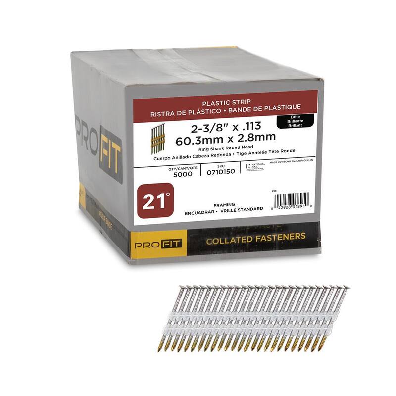 PRO-FIT 2-3/8 in. x 0.113 21-Degree Bright Finish Ring Shank Plastic Strip Framing Nails (5000 -Per Box) - 0710150