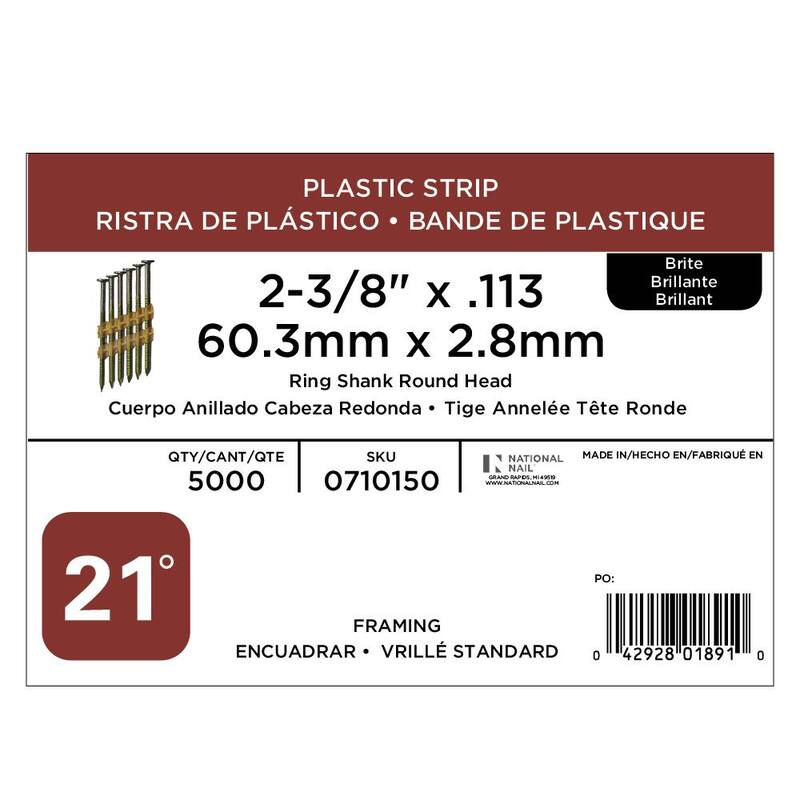 PRO-FIT 2-3/8 in. x 0.113 21-Degree Bright Finish Ring Shank Plastic Strip Framing Nails (5000 -Per Box) - 0710150