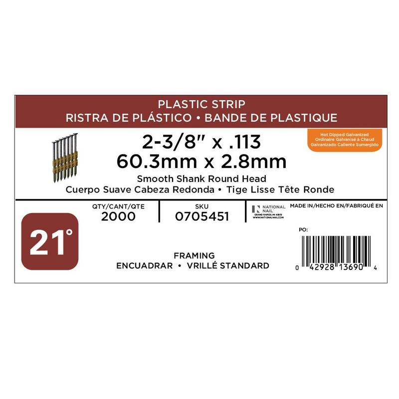 PRO-FIT 2-3/8 in. x 0.113 21-Degree Hot Dipped Galvanized Smooth Shank Plastic Strip Framing Nails (2000 -Per Box) - 0705451