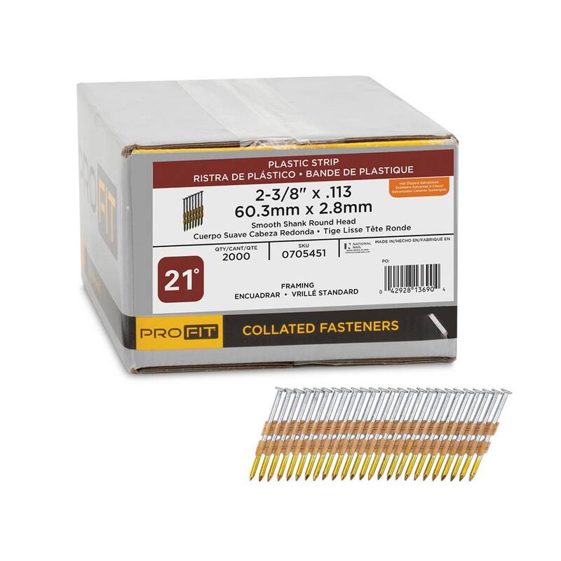 PRO-FIT 2-3/8 in. x 0.113 21-Degree Hot Dipped Galvanized Smooth Shank Plastic Strip Framing Nails (2000 -Per Box) - 0705451