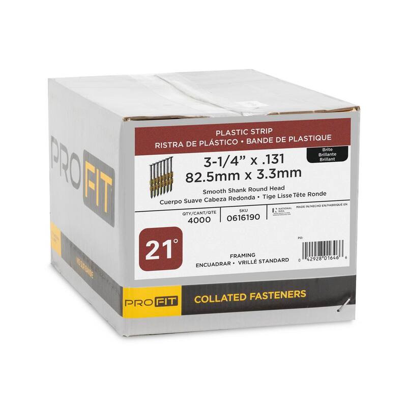 PRO-FIT 3-1/4 in. x 0.131-Gauge 21° Bright Finish Smooth Shank Plastic Strip Framing Nails (4000 per Box) - 0616190