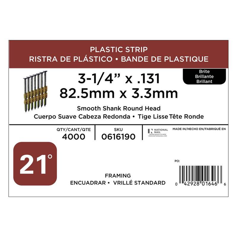 PRO-FIT 3-1/4 in. x 0.131-Gauge 21° Bright Finish Smooth Shank Plastic Strip Framing Nails (4000 per Box) - 0616190