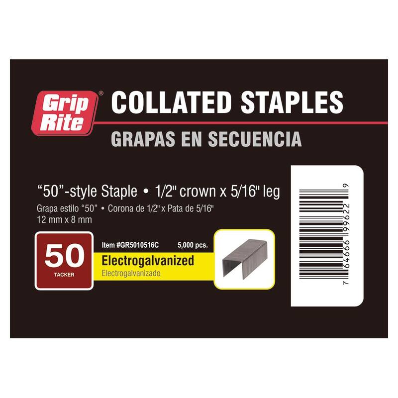 Grip-Rite 5/16 in. x 1/2 in. Adhesive Collated Electrogalvanized 50-Style Tacker Staples 5000 per Box - GR5010516C