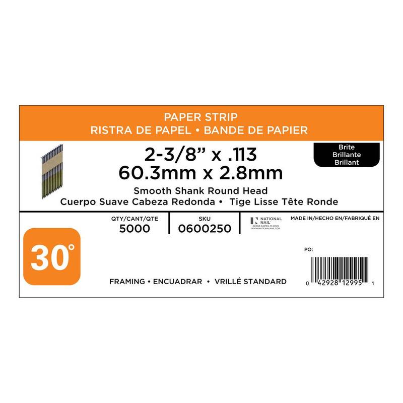 PRO-FIT 2-3/8 in x 0.113 30-Degree Bright Finish Smooth Shank Paper Tape Framing Nails (5000 -Per Box) - 0600250