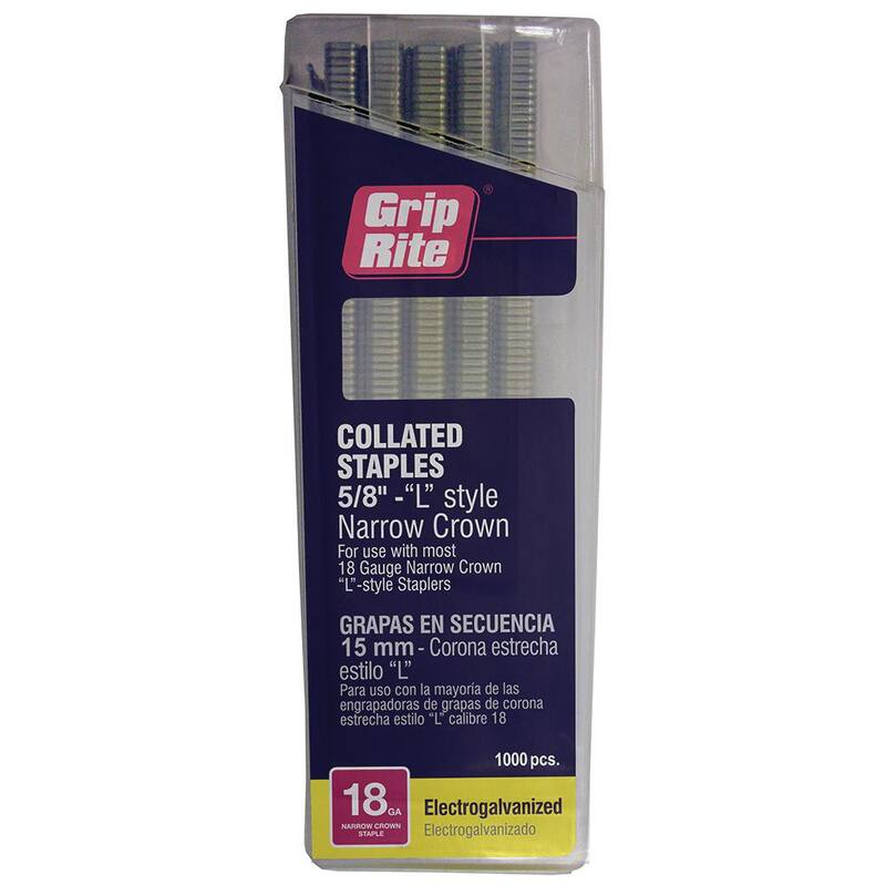 Grip-Rite 5/8 in. x 18-Gauge Adhesive Collated Electrogalvanized L-Style Narrow Crown Staples 1000 per Box - GRL10M