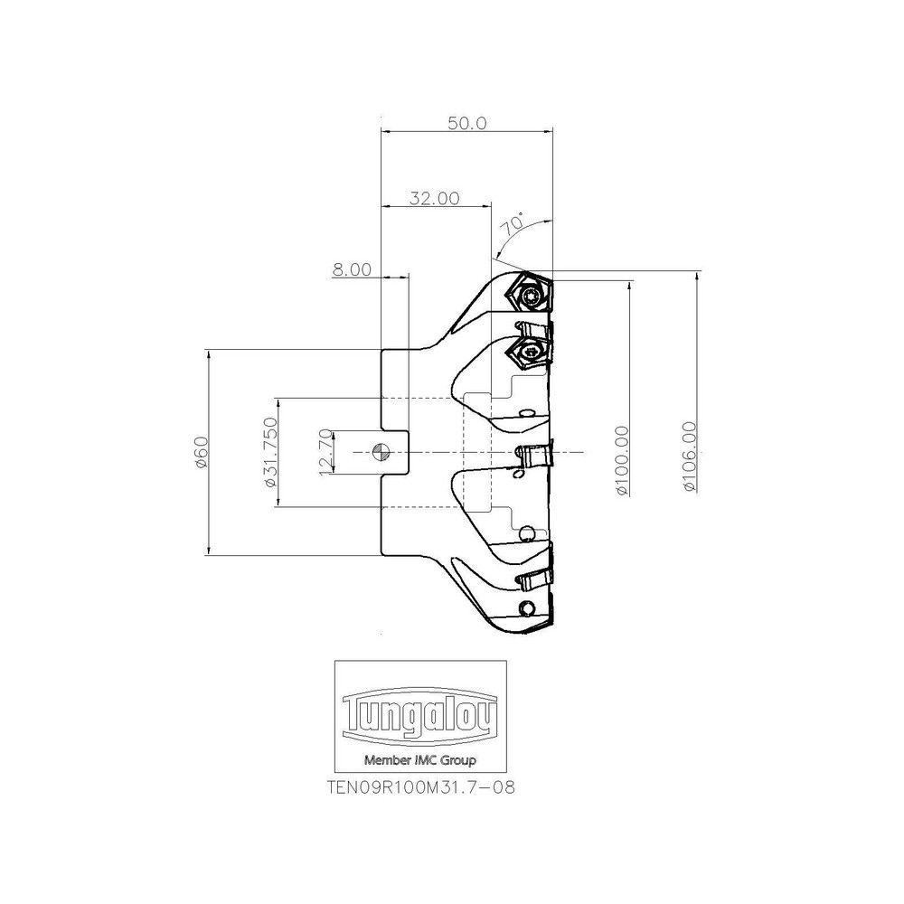 Tungaloy 100mm Cut Dia, 1-1/4" Arbor Hole Dia, Indexable Square-Shoulder Face Mill - 6860124
