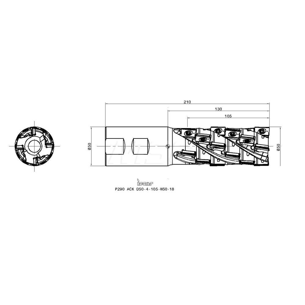 Iscar Indexable Square-Shoulder End Mill: P290ACKD504105W5018, 50 mm Cut Dia, 105 mm Max Depth of Cut, 50 mm Dia Weldon Flat Shank - 3110778