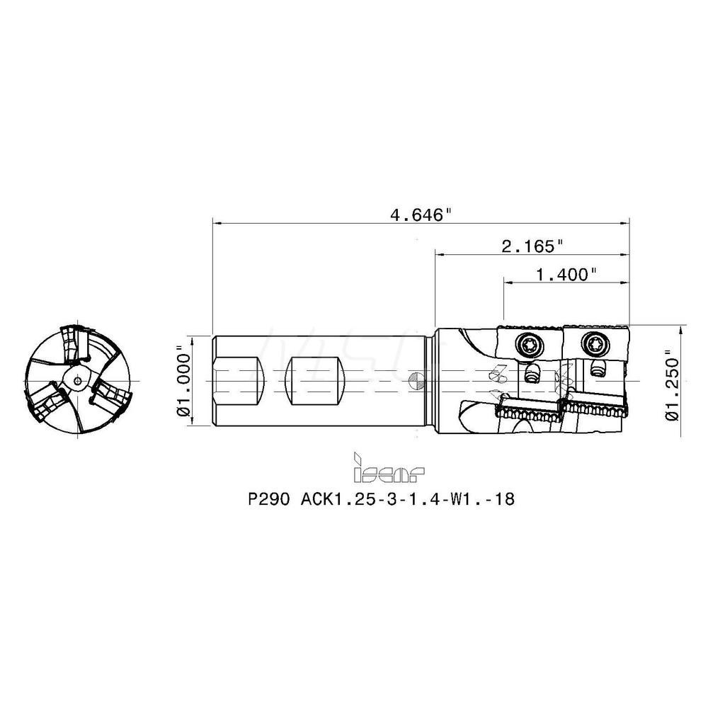 Iscar Indexable Square-Shoulder End Mill: P290ACK1.2531.4W1.18, 1-1/4" Cut Dia, 1.4" Max Depth of Cut, 1" Dia Weldon Flat Shank - 3110813