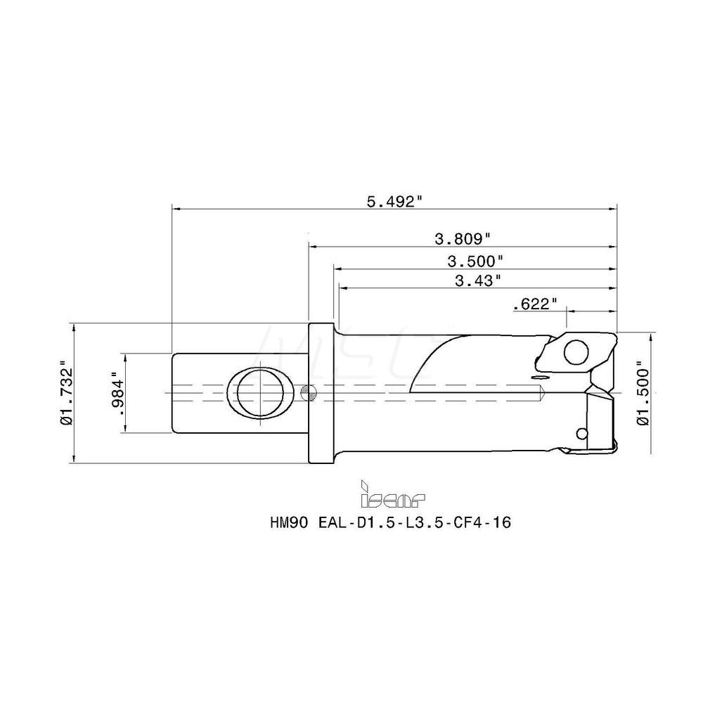Iscar Indexable Square-Shoulder End Mill: HM90EALD1.5L3.5-CF4-16, 1-1/2" Cut Dia, 0.622" Max Depth of Cut, CF4 Modular Connection Shank - 3102761