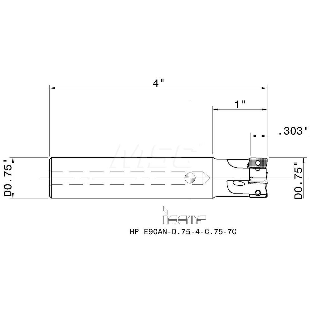 Iscar Indexable Square-Shoulder End Mill: HP E90AN-D.75-4-C.75-7, 3/4" Cut Dia, 0.303" Max Depth of Cut, 3/4" Dia Cylindrical Shank - 3103625