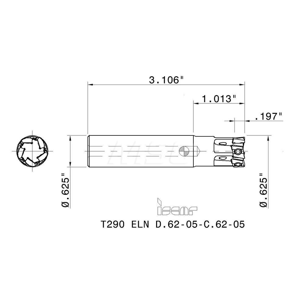 Iscar Indexable Square-Shoulder End Mill: T290ELND.6205C.6205, 5/8" Cut Dia, 0.197" Max Depth of Cut, 5/8" Dia Cylindrical Shank - 3105152