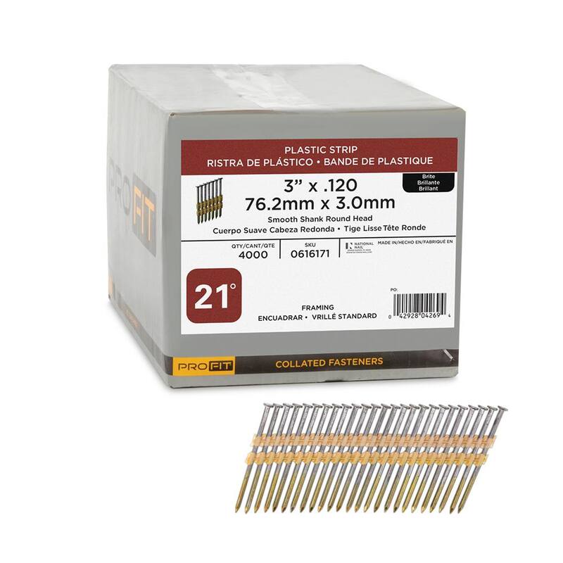 PRO-FIT 3 in. x 0.120-Gauge 21° Bright Finish Smooth Shank Plastic Strip Framing Nails (4000 per Box) - 0616171