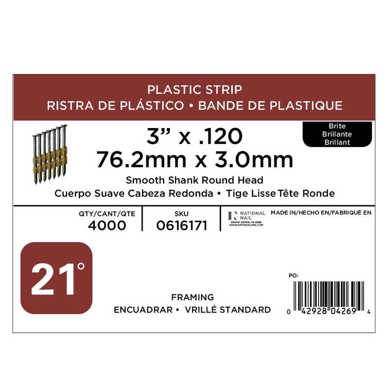 PRO-FIT 3 in. x 0.120-Gauge 21° Bright Finish Smooth Shank Plastic Strip Framing Nails (4000 per Box) - 0616171