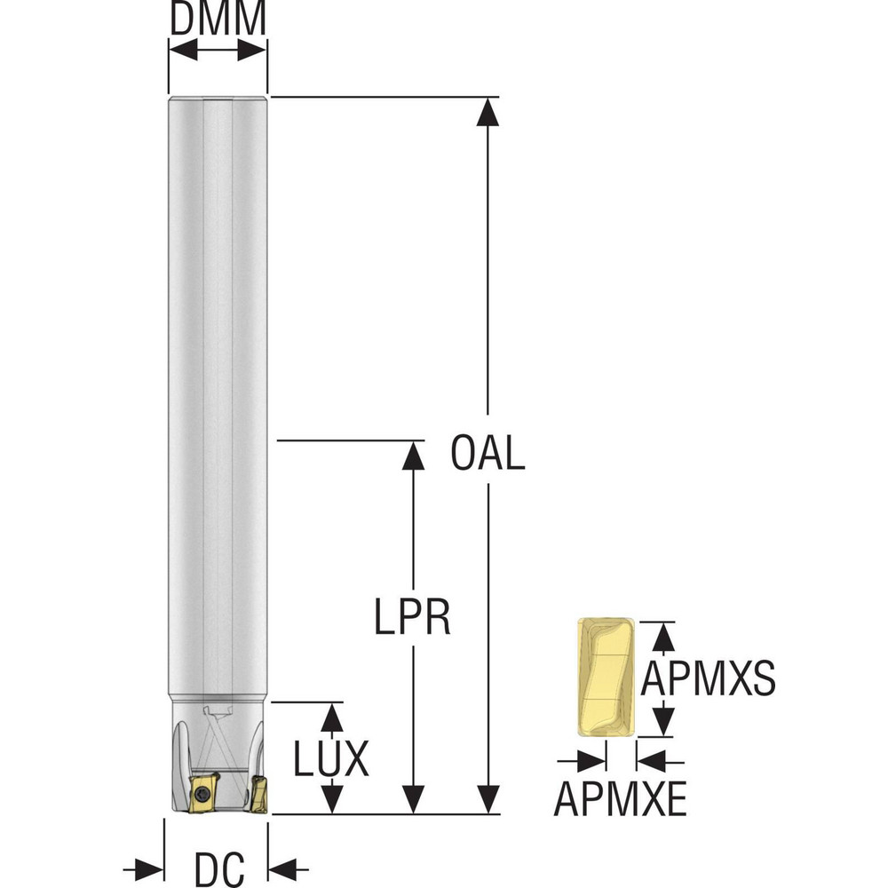 Seco Indexable Square-Shoulder End Mill: R217.94-01.00-0-08-3A, 1" Cut Dia, 8 mm Max Depth of Cut, 1" Dia Cylindrical Shank - 02887523