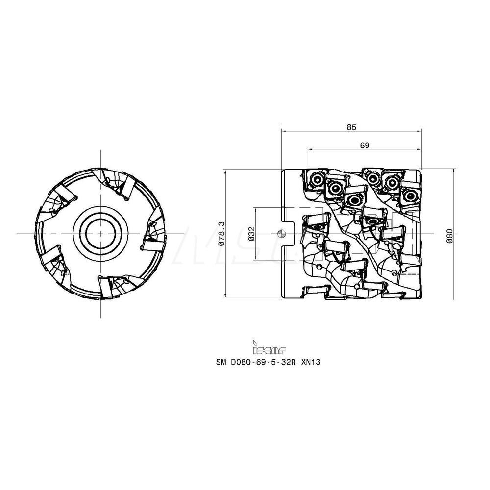 Iscar 80mm Cut Dia, 32mm Arbor Hole Dia, 69mm Max Depth, Indexable Square-Shoulder Face Mill - 3181248