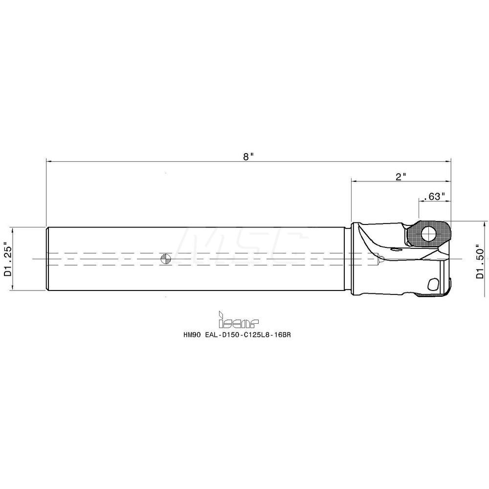 Iscar Indexable Square-Shoulder End Mill: HM90EALD150C125L8-16BR, 1-1/4" Cut Dia, 0.63" Max Depth of Cut, 1-1/4" Dia Cylindrical Shank - 3181171