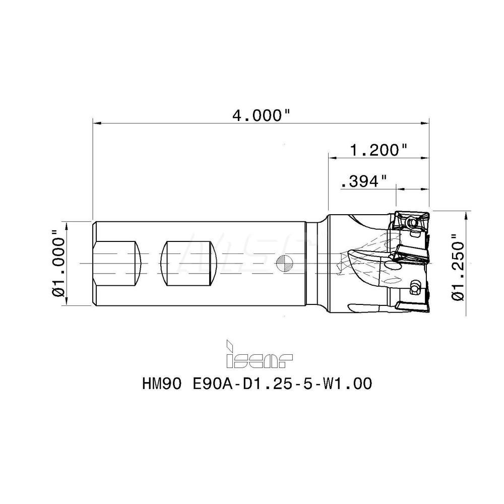 Iscar Indexable Square-Shoulder End Mill: HM90 E90A-D1.25-5W1.00, 1-1/4" Cut Dia, 0.394" Max Depth of Cut, 1" Dia Weldon Flat Shank - 3101941