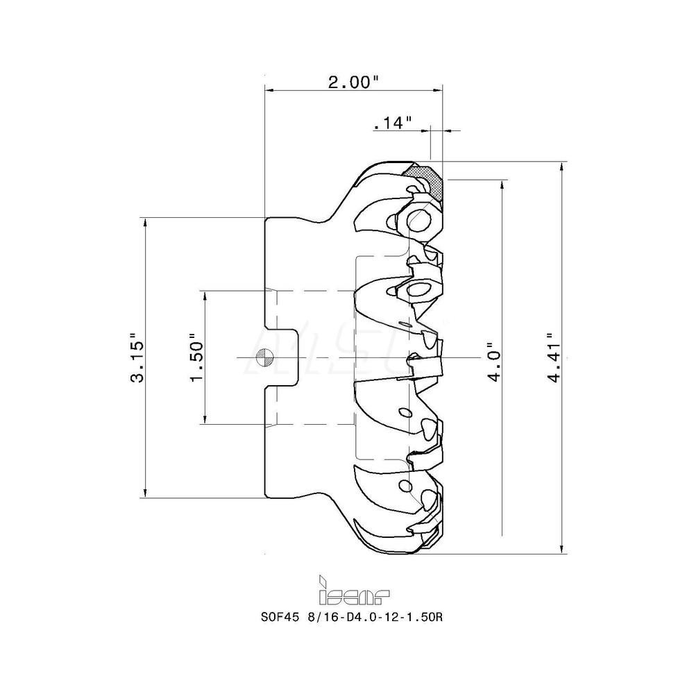 Iscar 4.49" Cut Dia, 1-1/2" Arbor Hole, 0.138" Max Depth of Cut, 45° Indexable Chamfer & Angle Face Mill - 3105683