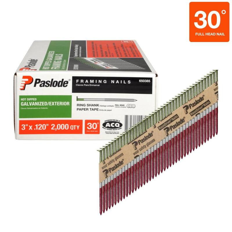 Paslode 3 in. x 0.120 Heavy-Duty 30 -Degree Galvanized Ring Shank Paper-Taped Framing Nails with PMPlus Nailer (2000 per Box) - 650385P