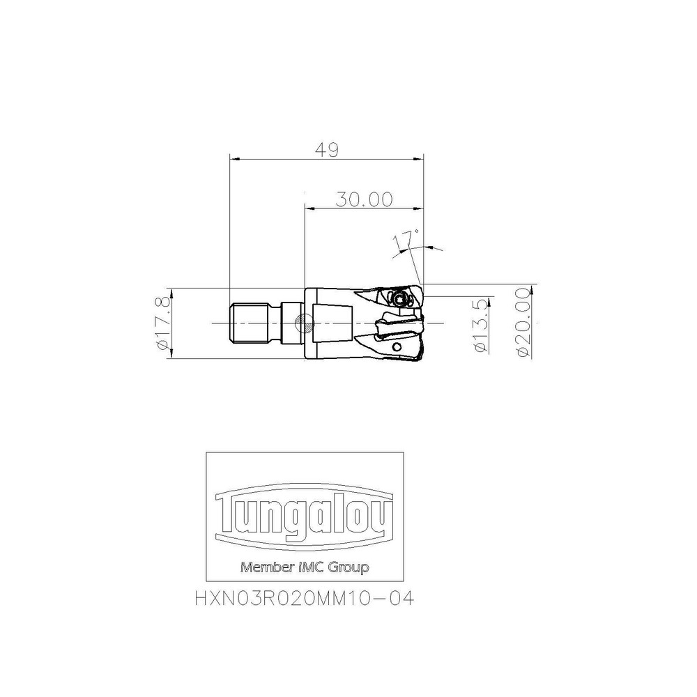 Tungaloy Indexable High-Feed End Mill: HXN03R020MM10-04, 20.00 mm Cut Dia, Modular Connection Shank - 6992730