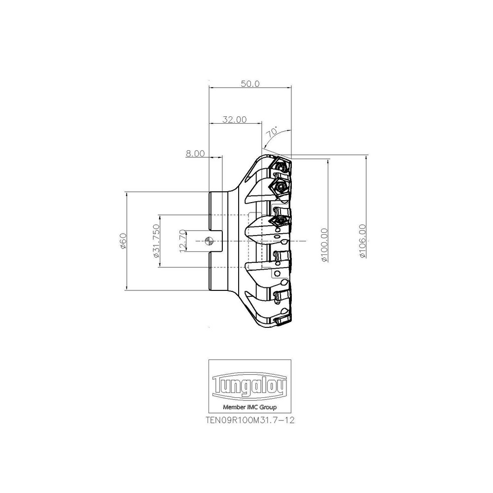 Tungaloy 100mm Cut Dia, 1-1/4" Arbor Hole Dia, Indexable Square-Shoulder Face Mill - 6860103