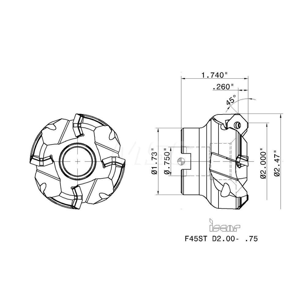 Iscar 2" Cut Dia, 3/4" Arbor Hole, 0.26" Max Depth of Cut, 45° Indexable Chamfer & Angle Face Mill - 3100366