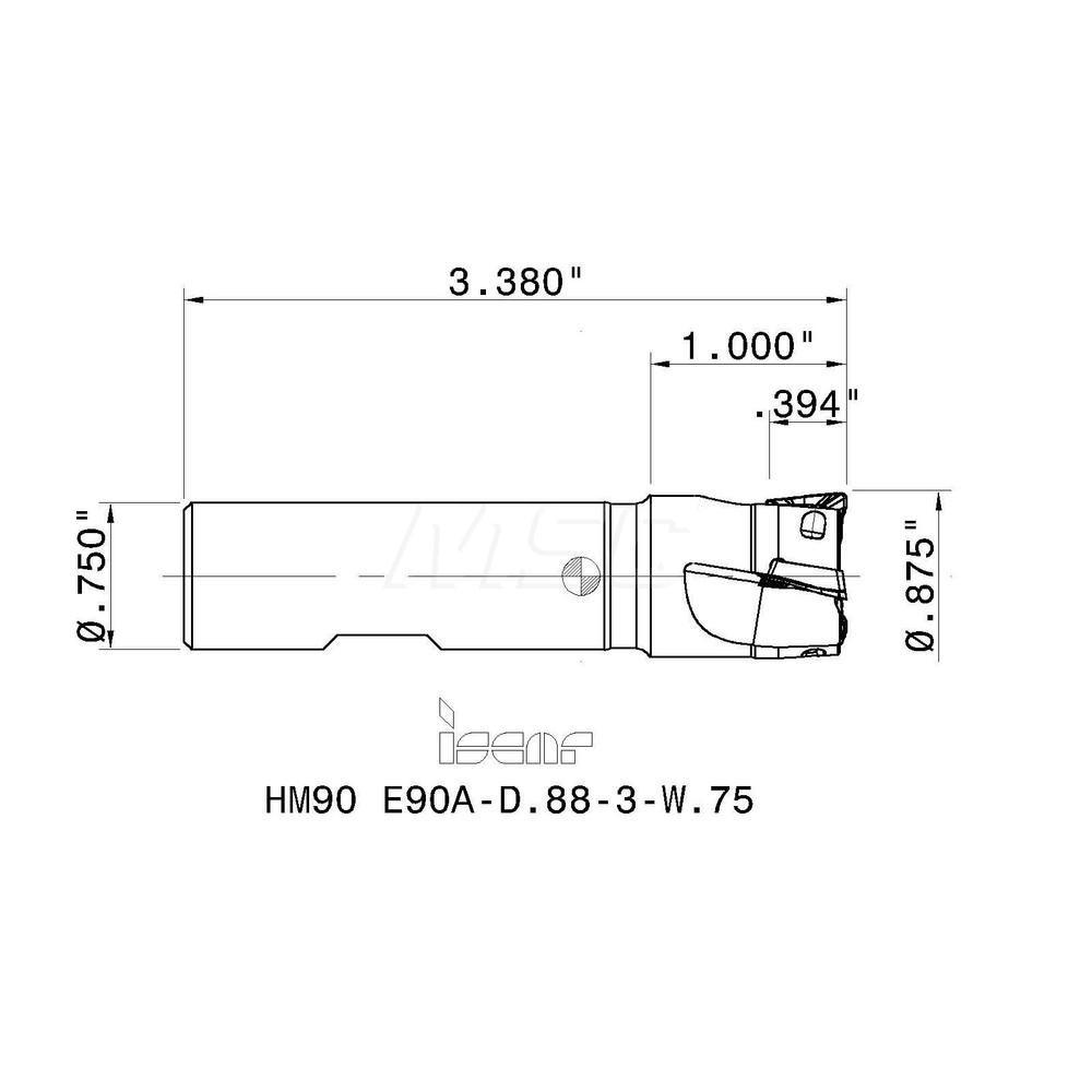 Iscar Indexable Square-Shoulder End Mill: HM90 E90A-D.88-3-W.75, 7/8" Cut Dia, 0.394" Max Depth of Cut, 3/4" Dia Weldon Flat Shank - 3101928