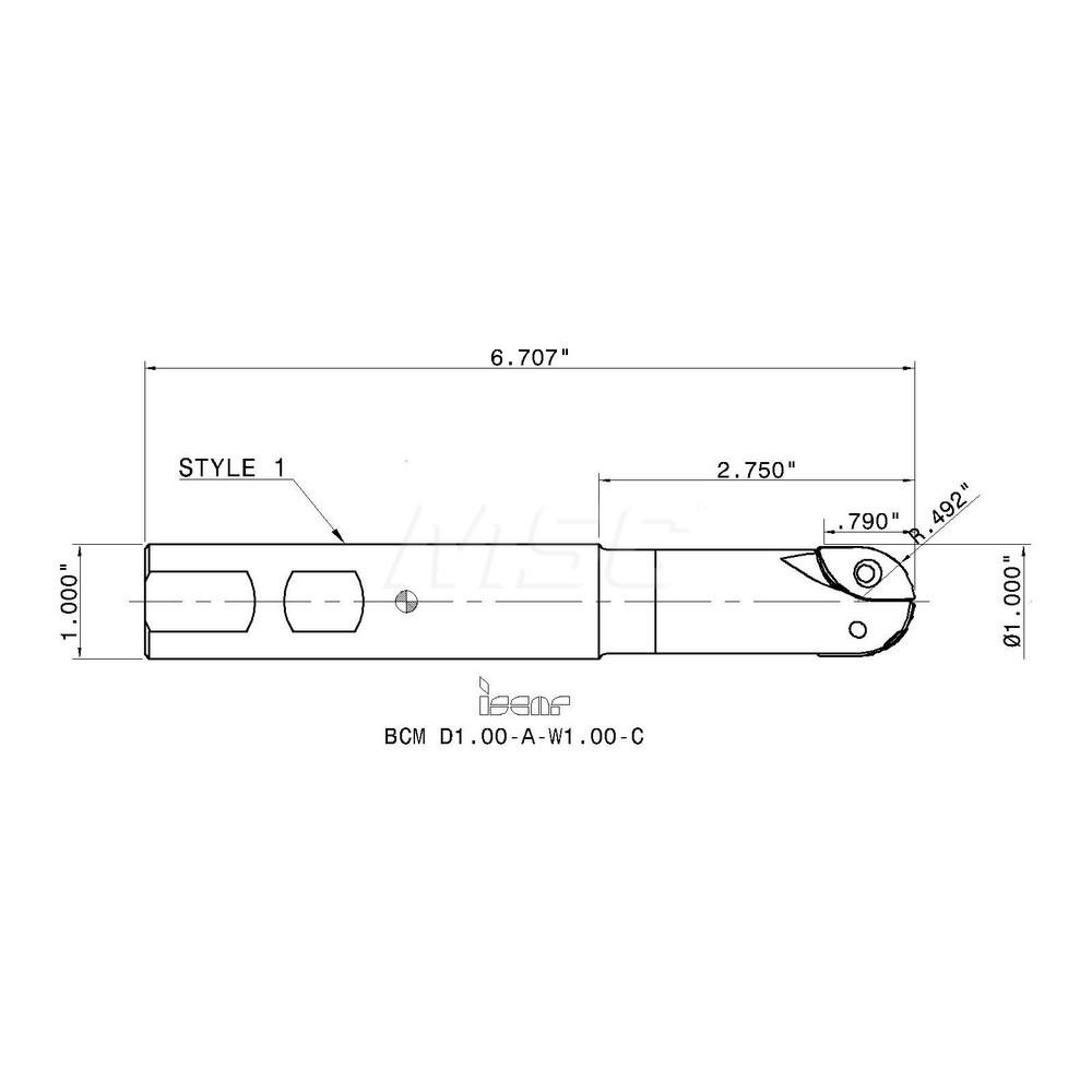 Iscar Indexable Ball Nose End Mill: 1" Cut Dia, 6.7" OAL - 3103052