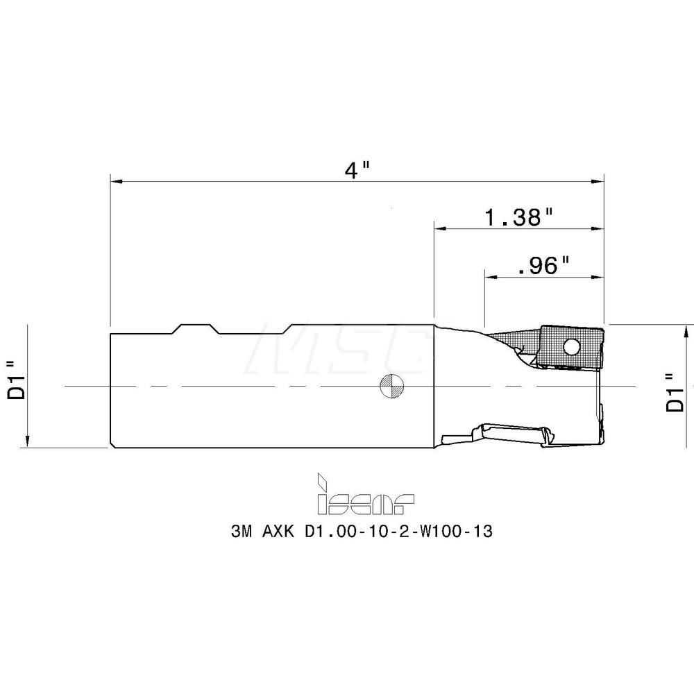 Iscar Indexable Square-Shoulder End Mill: 3MAXKD1.00102W10013, 1" Cut Dia, 0.96" Max Depth of Cut, 1" Dia Weldon Flat Shank - 3101572