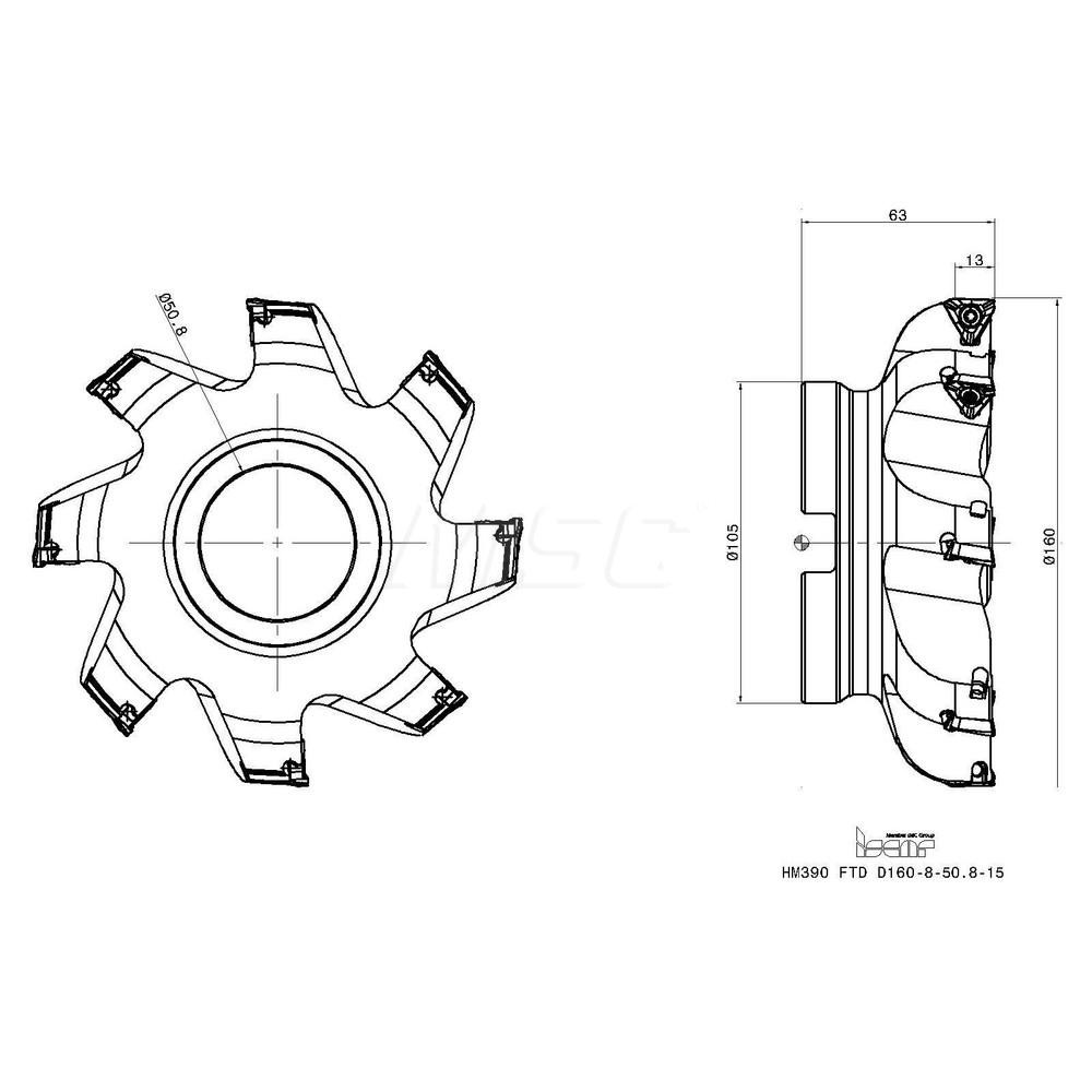 Iscar 160mm Cut Dia, 50.8mm Arbor Hole Dia, 13mm Max Depth, Indexable Square-Shoulder Face Mill - 3106781