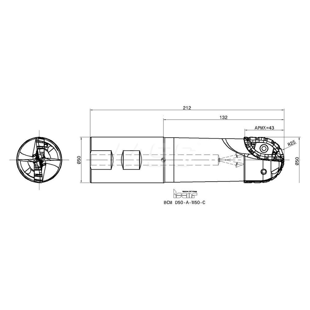 Iscar Indexable Ball Nose End Mill: 50 mm Cut Dia, Solid Carbide, 200 mm OAL - 3104200