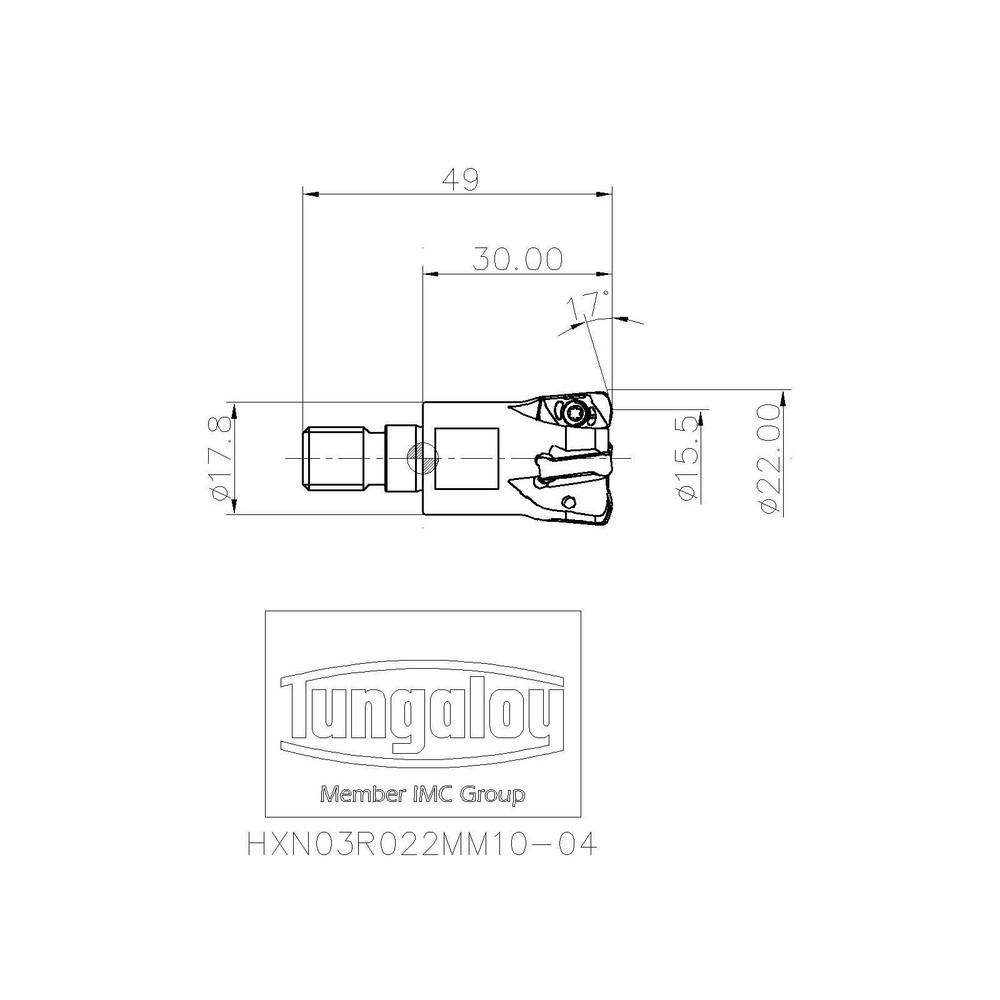 Tungaloy Indexable High-Feed End Mill: HXN03R022MM10-04, 22.00 mm Cut Dia, Modular Connection Shank - 6990876