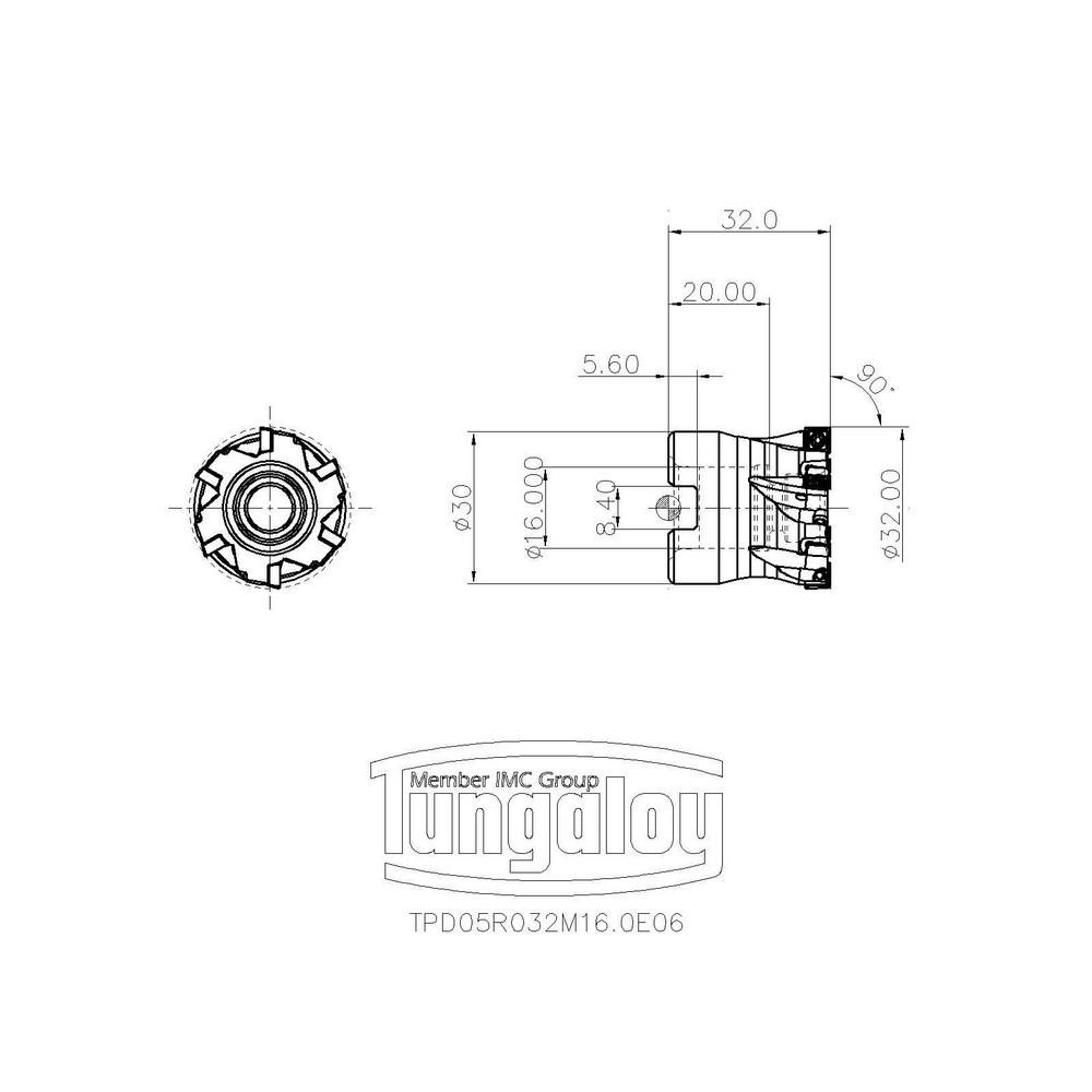 Tungaloy 32mm Cut Dia, 16mm Arbor Hole Dia, 4mm Max Depth, Indexable Square-Shoulder Face Mill - 3109296