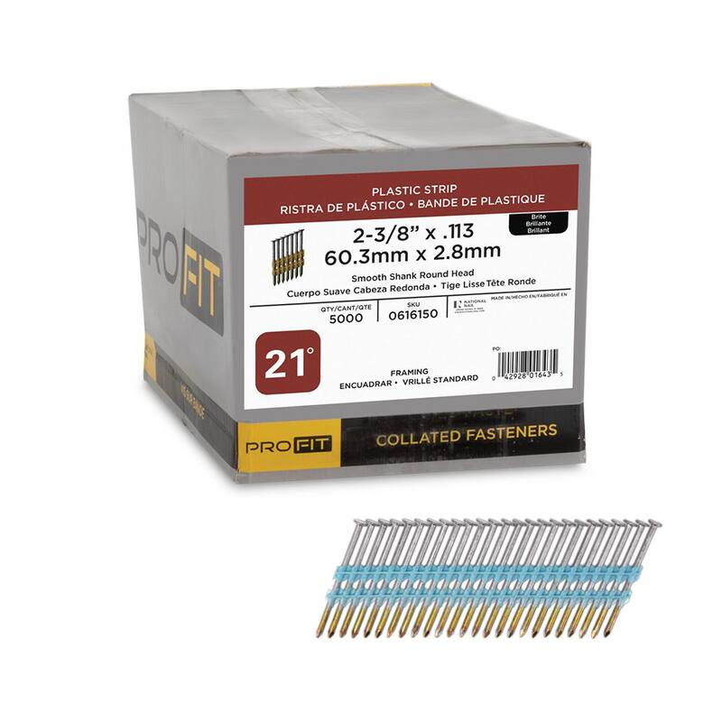 PRO-FIT 2-3/8 in. x 0.113 21-Degree Bright Finish Smooth Shank Plastic Strip Framing Nails (5000 -Per Box) - 0616150