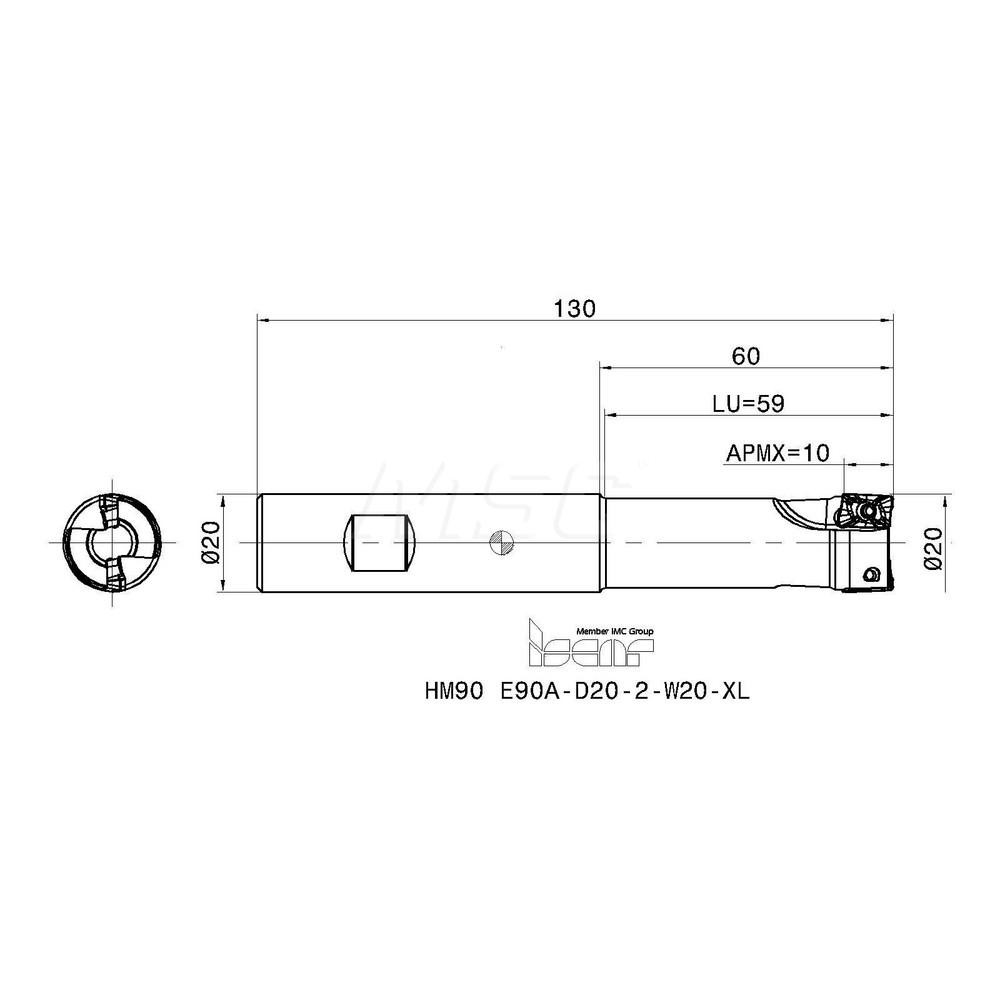 Iscar Indexable Square-Shoulder End Mill: HM90 E90A-D20-2-W20-XL, 20 mm Cut Dia, 10 mm Max Depth of Cut, 20 mm Dia Weldon Flat Shank - 3102131