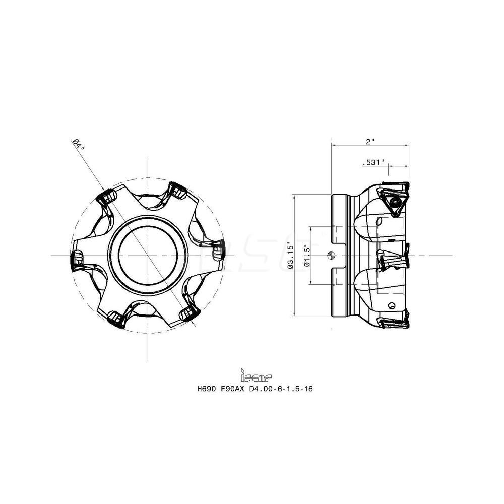 Iscar 4" Cut Dia, 1-1/2" Arbor Hole Dia, 0.531" Max Depth, Indexable Square-Shoulder Face Mill - 3106647